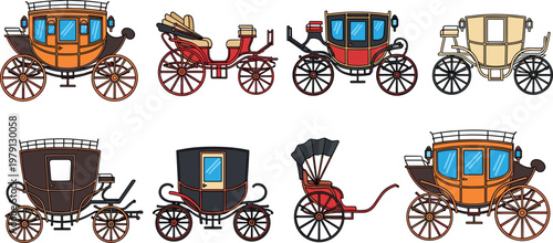 Vintage horse carriage collection with classic transport vehicles, elegant historical coaches in detailed retro vector illustration set