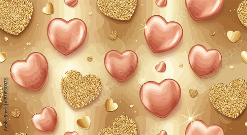 Sfondo elegante con cuori rosa e cuori dorati glitterati su una base color champagne per festeggiare San Valentino o occasioni speciali.