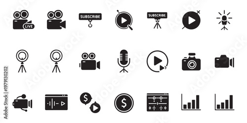 Video Production Icons, Film and Photography Symbols, Media Playback Logos, 20 Black Vector Graphics