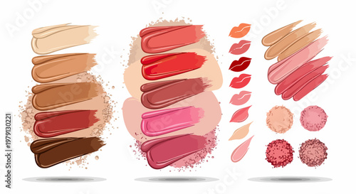 Set di pennellate di cosmetici con diverse tonalità di fondotinta, rossetti colorati e fard isolati su sfondo bianco per design di bellezza.