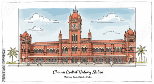 Schizzo artistico della stazione ferroviaria centrale di Chennai a Madras, Tamil Nadu, India, con architettura storica e torre dell'orologio rossa.