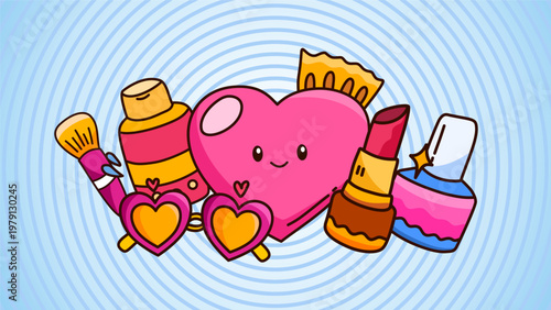 cute love heart character surrounded by makeup beauty products and pink accessories