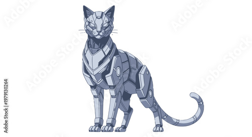 Illustrazione di un gatto robotico futuristico con armatura metallica isolato su sfondo bianco, concetto di intelligenza artificiale e tecnologia.