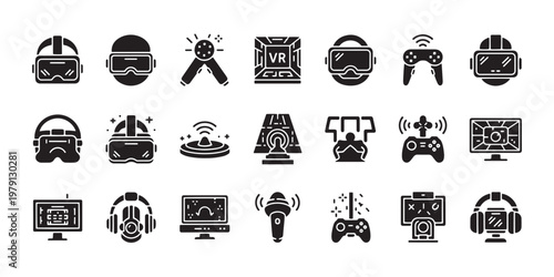 Gaming icons, virtual reality symbols, 25 gaming elements, black vector graphics set