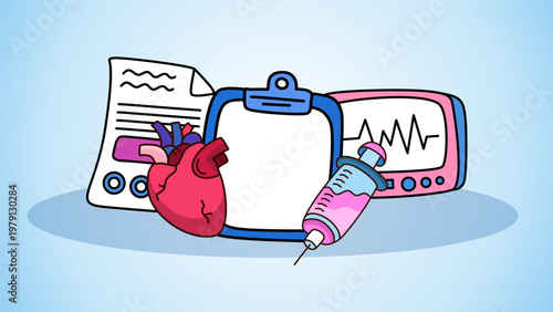 medical heart health banner with stethoscope syringe and heart monitor screen display