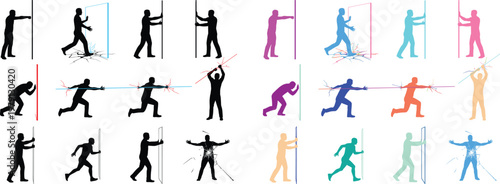 Vector silhouettes of people breaking through barriers. Icon set showing figures overcoming obstacles, pushing limits and achieving success. Concept for personal and business growth