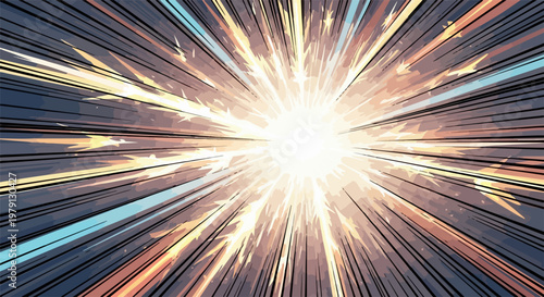 Sfondo astratto con esplosione di luce radiale e linee di velocità dinamiche in stile manga per concetti di energia e movimento rapido.