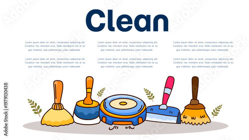 Professional cleaning service equipment including robot vacuum cleaner broom and spray bottles