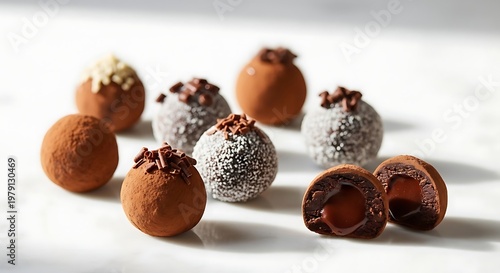 Delicious assortment of artisan chocolate truffles are artfully arranged on a marble surface showcasing rich cocoa dusting and sweet creamy fillings perfect for any indulgence celebrating