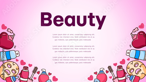Pink beauty and cosmetics background with makeup brushes lipstick and skincare products