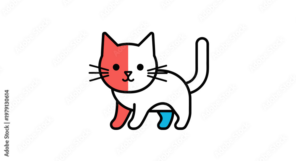 Fototapeta premium 白い背景に隔離された、赤と青のアクセントカラーが特徴的なシンプルで可愛らしい猫のベクターイラストレーション。太い黒の輪郭線で描かれたミニマルなデザインのキャラクターは、ロゴやアイコン、グラフィックデザインの素材として最適です。