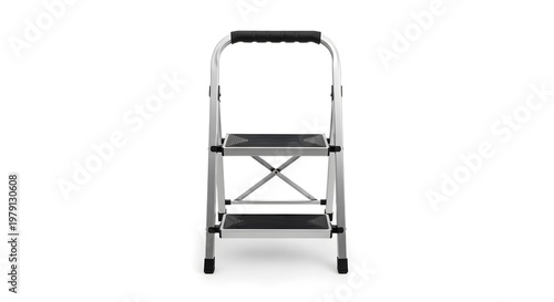 Silver and black folding step ladder with two steps and a handle on folding ladder