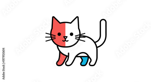 白い背景に隔離された、赤と青のアクセントカラーが特徴的なシンプルで可愛らしい猫のベクターイラストレーション。太い黒の輪郭線で描かれたミニマルなデザインのキャラクターは、ロゴやアイコン、グラフィックデザインの素材として最適です。