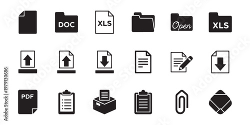 File type icons, document symbols, download upload signs, office file logos, business workflow graphics