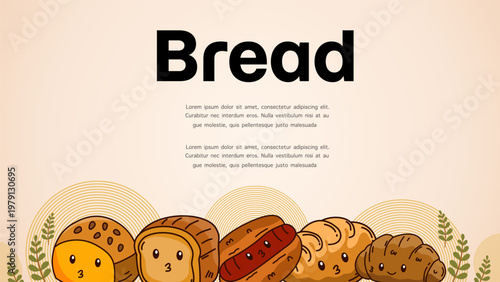 Cute cartoon bread and bakery characters arranged at the bottom of frame