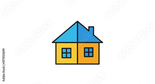 白い背景に孤立した黄色い壁と青い屋根を持つシンプルな家のイラストで、不動産やマイホーム、建築、居住、家族の生活、安全な暮らしを象徴するフラットデザインのベクターアイコン素材としてウェブデザインやプレゼンテーションに最適です。