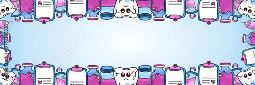 dentistry banner with teeth and medical bottles on light blue rectangular frame