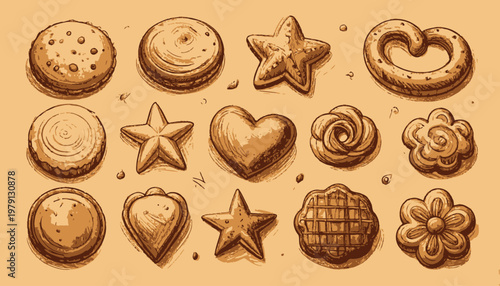 様々な形をした手書き風のクッキーやビスケットのイラストセット。星型、ハート型、花型、丸型など、温かみのある茶色のトーンで描かれた美味しそうな焼き菓子のコレクション。お菓子作りやカフェのメニュー、背景素材に最適なデザインです。