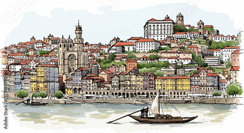 ポルトガルのポルトにあるドウロ川沿いの美しい歴史的な街並みを描いた手書きの水彩画風イラスト。伝統的なラベロ船が川面に浮かび、リベイラ地区のカラフルな家並みやポルト大聖堂、歴史的な宮殿が丘の上に広がる情緒あふれる風景。