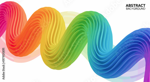 白い背景に鮮やかな虹色のグラデーションが美しい3Dの波状の抽象的なデザイン。流れるような曲線とリブ状のテクスチャが特徴のモダンでクリエイティブな背景素材。ウェブデザインやプレゼンテーションの背景に最適な高品質なグラフィック。