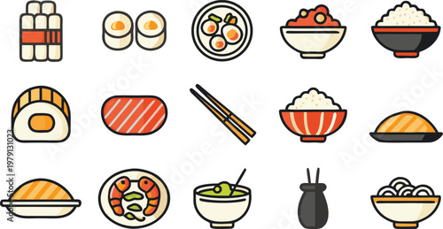 A collection of twelve minimalist vector icons featuring various Japanese food and ingredients vector illustration.