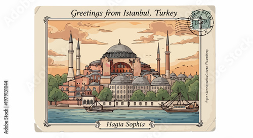 トルコのイスタンブールにある歴史的なアヤソフィア大聖堂を描いたヴィンテージ風のポストカードのイラスト。夕暮れ時の美しい空とボスポラス海峡を背景に、切手や消印が施されたレトロでノスタルジックなデザインが特徴的な旅行の思い出を想起させる一枚です。