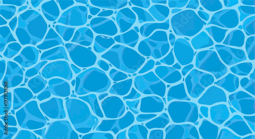 プールの水面に反射する太陽の光と美しい波紋を表現した青い水のテクスチャ背景イラストレーション。夏のレジャーやリゾート、清潔感のあるデザインに最適な、透明感のある爽やかな水色のアブストラクトなベクター素材。広告やウェブサイトの背景に。