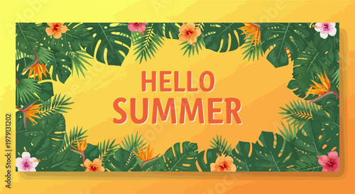 Kolorowy baner z napisem Hello Summer otoczony tropikalnymi liśćmi monstery, palmami i egzotycznymi kwiatami na słonecznym żółtym tle.