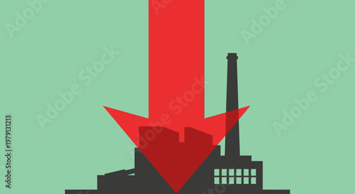Ilustracja przedstawiająca czarną sylwetkę fabryki z wysokim kominem na zielonym tle, z dużą czerwoną strzałką skierowaną w dół jako symbol regresu.