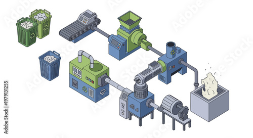 Plastic Recycling Process Diagram with Machines and Waste Bins.