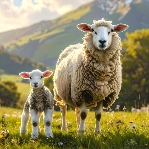 A mother sheep and her lamb standing together in a green field