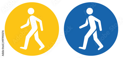Foto Two pedestrian sign icons displayed on yellow and blue backgrounds, ideal for traffic safety, crosswalk awareness, urban signage, and clean professional vector illustration use