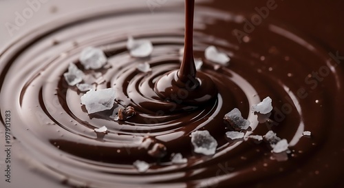 Melted dark cocoa liquid streams into a swirl of rich confectionery with coarse salt crystals providing a delightful contrasting texture for gourmet indulgence in a sweet dessert