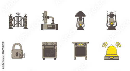 Zestaw ośmiu ikon w stylu vintage przedstawiających metalową bramę, lampy naftowe, kłódkę, piecyki oraz dzwoniący dzwonek na białym tle.