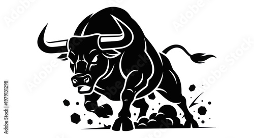 Powerful Black Bull Charging Forward with Intensity and Strength.