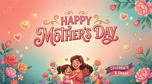 Happy Mother's Day Mother Children Hugging Flowers Hearts Celebration Illustration
