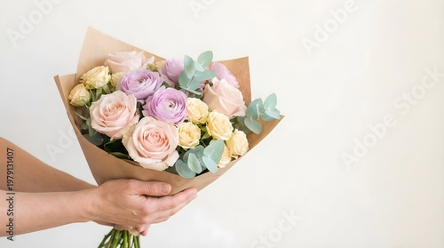 Beautiful Flower Bouquet Held by Hands, Gift and Celebration Concept