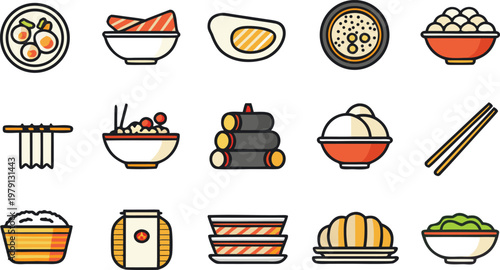 A collection of twelve minimalist vector icons featuring various Japanese food and ingredients vector illustration.