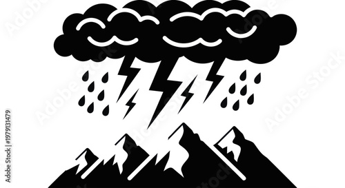 Stormy weather over mountain peaks with lightning and rain.
