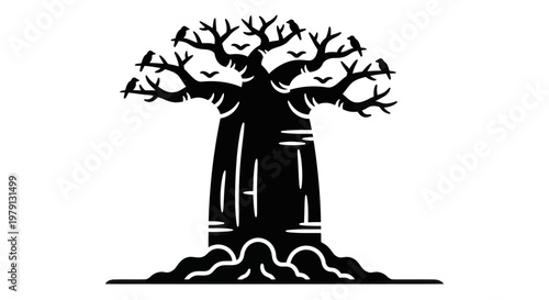 Stylized Baobab Tree Silhouette Vector Illustration.
