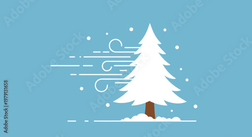 푸른색 배경을 바탕으로 하얀 눈이 소복하게 쌓인 상록수와 매서운 겨울 바람이 휘몰아치는 풍경을 미니멀한 감성으로 담아낸 현대적인 스타일의 평면 디자인 벡터 일러스트레이션 이미지입니다.