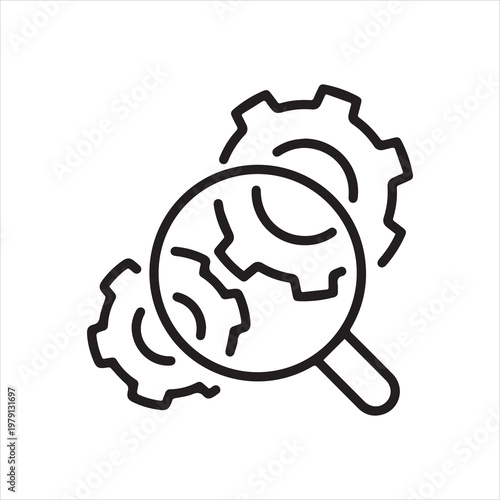 Analysis of the mechanism, linear icon. A magnifying glass and gears. Line with editable stroke