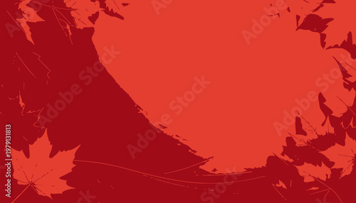 선명한 붉은색 톤의 배경 위에 섬세하게 표현된 단풍잎들이 모서리에 배치되어 있으며 중앙에는 붓 터치 질감의 밝은 공간이 있어 가을 시즌의 분위기를 강조하는 고해상도 그래픽 디자인입니다.