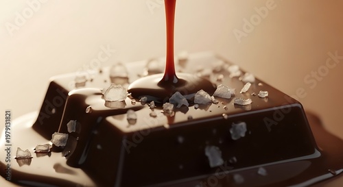 Rich dark chocolate square generously sprinkled with flaky sea salt crystals as a warm caramel drizzle cascades down its surface creating a delightful sweet and savory confection for indulgent
