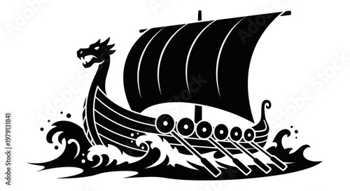 Viking longship with dragon head and oars sailing on waves.