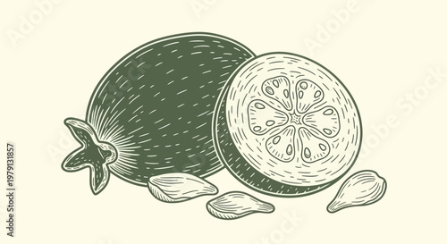 Vintage Engraving of a Whole and Halved Feijoa Fruit with Seeds.
