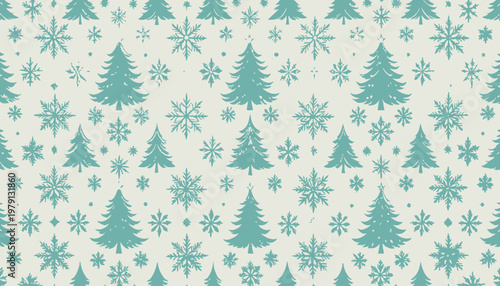 민트색 크리스마스 트리와 다양한 모양의 눈송이가 베이지색 배경 위에 조화롭게 배치된 빈티지 스타일의 심리스 패턴으로 겨울 축제와 연말연시 분위기를 연출하는 세련된 그래픽 디자인 배경 이미지입니다.