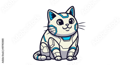 흰색과 파란색의 귀여운 로봇 고양이 캐릭터가 하얀 배경 위에 앉아 있는 모습으로, 미래 지향적인 기술과 귀여운 디자인이 결합된 사이보그 동물의 매력적인 벡터 일러스트레이션 작품입니다.