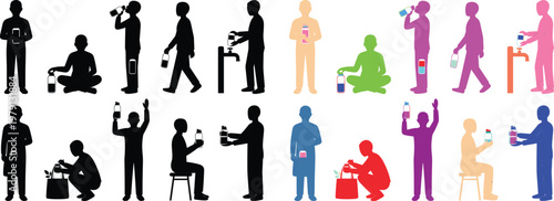 Vector silhouettes of people taking medicine and drinking water. Icon set for health, wellness, and hydration concepts. Figures with bottles, pills and managing daily supplements