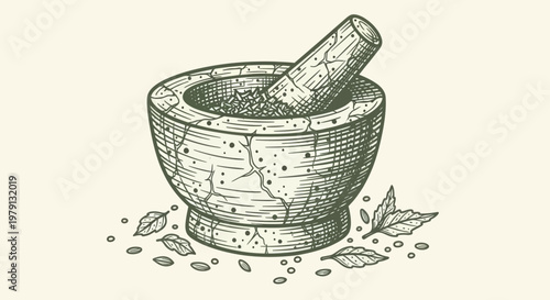 Vintage Mortar and Pestle with Herbs and Spices.